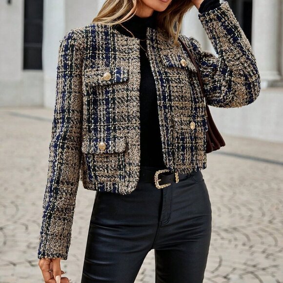 Multicolor Elegant Women's Plaid Pattern Flap Pocket Open Front Tweed Overcoat - Picture 5 of 5